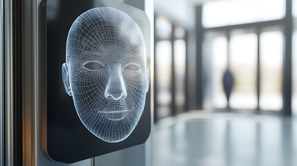 Poster - A digital representation of a human face, created with wireframe technology, positioned in a modern interior setting.