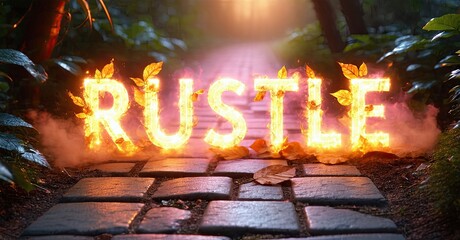 Poster - Glowing text spells RUSTLE over stone path. Lush forest surrounds scene, creating mystical atmosphere. Smoke adds dramatic effect.