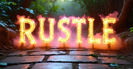 Aufkleber - Glowing text spells RUSTLE over brick path. Forest background creates mysterious, dramatic mood. Pink smoke adds visual interest.