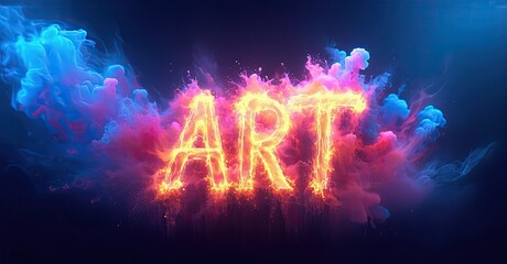 Aufkleber - Vibrant word ART emerges from colorful smoke, fiery glow, dark background. Dramatic visual impact, creative expression.