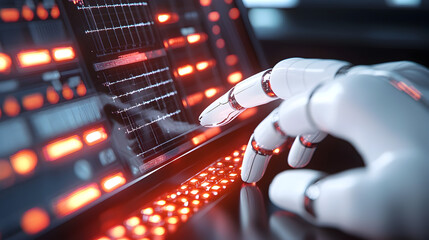 Poster - A futuristic robotic hand interacts with a glowing digital interface, showcasing advanced technology and artificial intelligence.