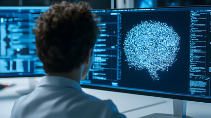 Poster - A person analyzes complex data on screens, visualizing a neural network representation, symbolizing advancements in artificial intelligence and technology.