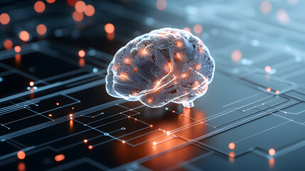 Poster - A digital brain with glowing connections, symbolizing advanced technology and artificial intelligence, set against a high-tech background.