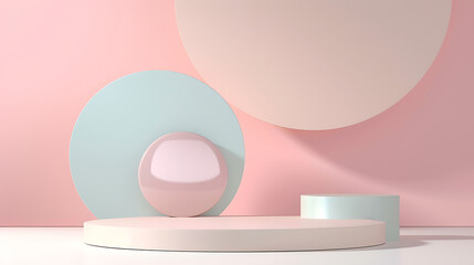 Poster - Geometric pastel podiums and circles create a modern abstract background for product display