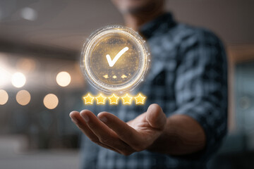 cheerful coder showcases holographic badge with golden stars and checkmark in futuristic marketing s