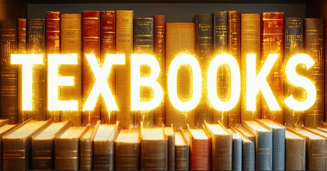 Poster - Bookshelves filled with numerous books. Bright text TEXTBOOKS illuminates stacked volumes, creating warm glow. Literature collection.