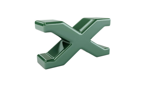 3D Render of Glossy Green X Symbol, Isolated on Transparent Background