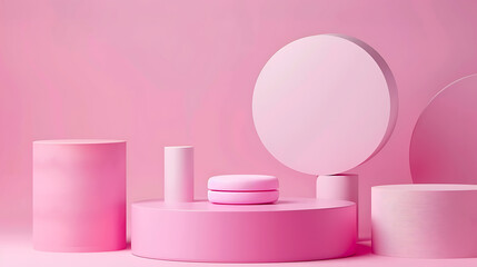 Poster - Pink geometric shapes create a modern abstract display for product presentation and promotion in a studio setting