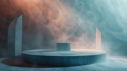 Poster - A minimalist stage with geometric shapes is bathed in smoke and light creating an abstract and modern presentation space