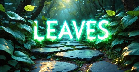 Aufkleber - Lush forest path glows. Stone steps lead toward bright light. Foliage surrounds walkway, creating magical scene.