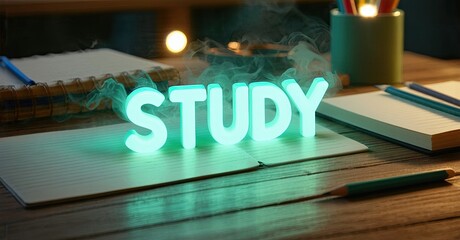 Poster - Workspace shows open notebook, glowing study text, pencil, pen. Warm light creates focused learning environment. Books nearby.