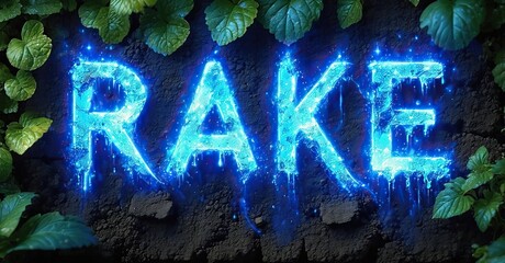 Poster - Bright blue RAKE text glows against dark stone. Lush green leaves frame composition. Dramatic lighting creates icy effect.