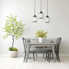 Wall Mural - Dining area showcases gray furniture, potted plant, and pendant light fixtures.