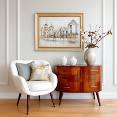 Wall Mural - A white armchair sits beside a wooden cabinet with art in a bright room.