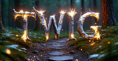 Poster - Forest path displays glowing word TWIG formed from branches. Moss covers ground, creating mystical atmosphere. Dark woods surround lettering.