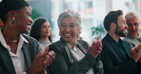 Poster - Applause, celebration and audience with business woman for project, achievement and support. Tradeshow presentation, winner and community with group of people at seminar for success and cheering