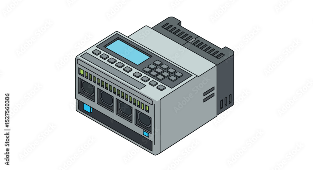 Industrial programmable logic controller with display and ports vector illustration