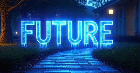 Aufkleber - Bright neon word FUTURE illuminates path. Dark background suggests mystery, innovation, possibilities. Night scene evokes hope, progress.
