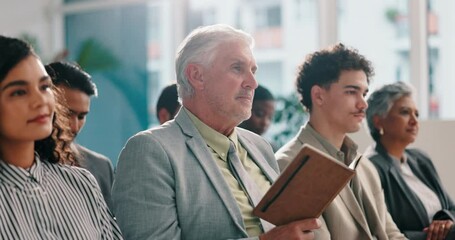 Aufkleber - Mature businessman, raised hand and question in crowd at convention for pitch, book or presentation. People, employee and talk in audience with discussion, writing and feedback at finance conference