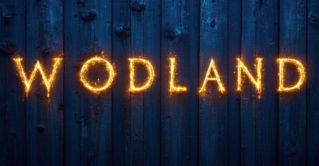 Leinwandbilder - Bright word WODLAND glows against rustic blue wood planks. Dramatic lighting creates intense visual impact. Simple, bold presentation.