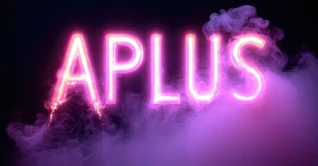 Poster - Bright pink neon sign spells APLUS amidst purple smoke. Dramatic lighting creates vibrant, modern aesthetic. Bold typography dominates dark background.