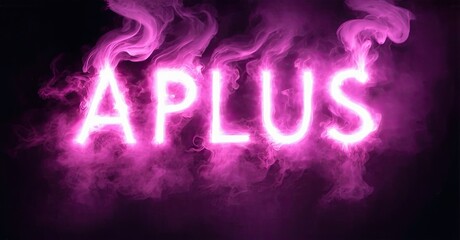 Aufkleber - Bright pink APLUS text glows amidst swirling smoke. Dramatic lighting creates intense visual impact. Dark background emphasizes luminosity.