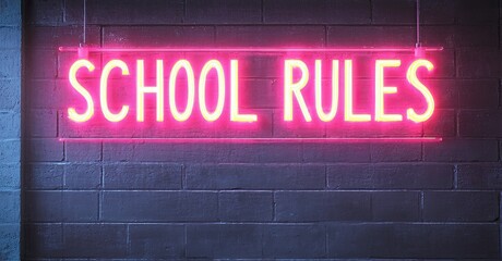 Poster - Bright pink neon sign displays School Rules against dark brick wall. Dramatic lighting creates strong contrast, modern aesthetic.