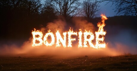 Aufkleber - Fiery word bonfire glows amidst smoke, grass, trees. Dramatic lighting creates intense visual impact. Night scene evokes warmth.