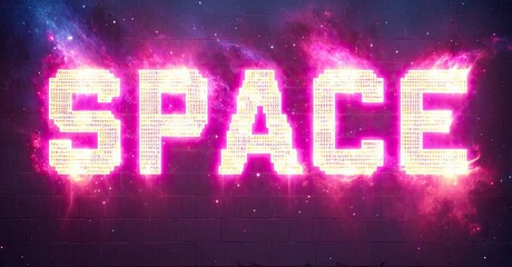 Poster - Bright word SPACE glows against cosmic brick wall. Pink, purple hues dominate vibrant background. Digital effect present.