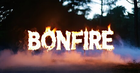 Aufkleber - Fiery text spelling BONFIRE over smoky ground. Dark forest background creates dramatic visual effect. Warm tones dominate scene.