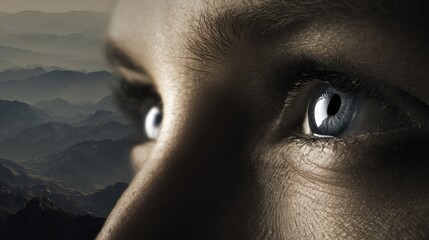 Poster - Focused Gaze Surveying Distant Mountains, Highlighting the Concept of Long Vision With a Clear Top Zone in the Landscape
