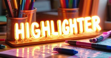 Aufkleber - Bright neon sign spells HIGHLIGHTER. Pens, paper surround it. Warm lighting creates vibrant study space. Focus on colorful stationery.