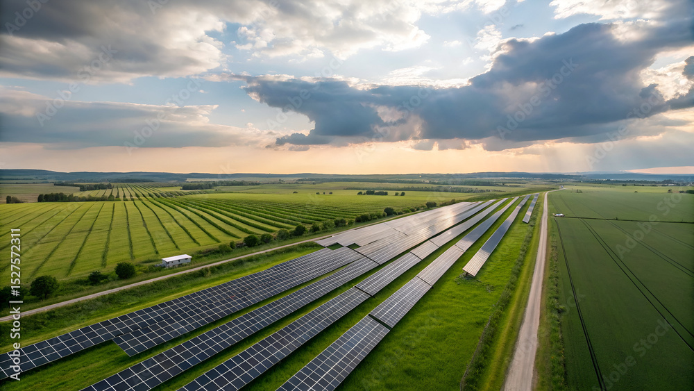 A field of solar panels gleams in the sunlight, symbolizing sustainable ...