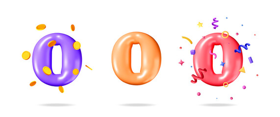 Poster - Collection of 3d number zero isolated on white. Orange, purple, and red zeros with coins and confetti.