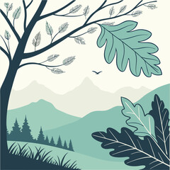illustration of a tree with leaves mountains bird and grass in a scenic landscape view design