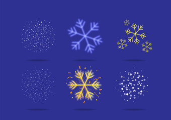 Aufkleber - Set of 3d vector snowflakes and snow particles on blue background. Winter holiday design element for Christmas, New Year, festive celebration.