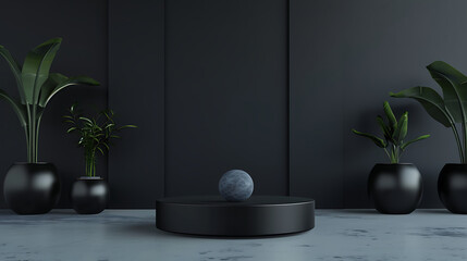 Poster - A minimalist black podium with a sphere and plants creates a modern interior design studio shot