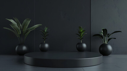 Poster - Elegant black podium with plants in vases against a dark textured background creates a modern minimalist indoor scene