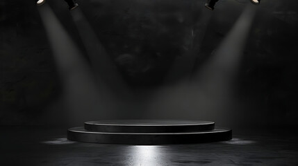 Poster - A dark stage with spotlights illuminating a round platform ready for a product presentation or award ceremony