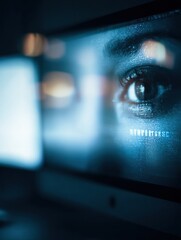 Poster - Computer Screen Displaying Eye Strain Message in Dark Ambient Lighting With Clear Left Zone