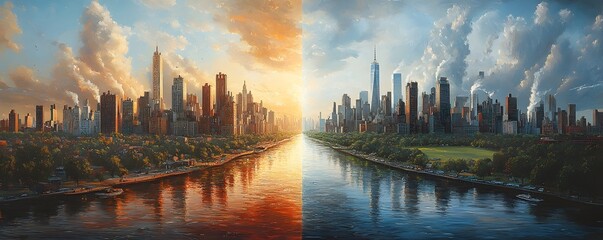 Poster - A sprawling metropolitan skyline of towering skyscrapers and high rise buildings reflected in the calm waters of a river set against a dramatic sky filled with vibrant orange pink