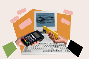 Fototapete - Poster image collage of two different hands hold terminal buying use smart gadget