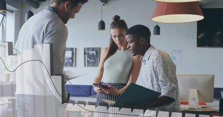 Poster - Adult man presenting tablet to colleagues in office while team comparing folder notes for review