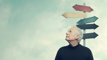 Poster - Pensive senior man contemplates multiple directional signs, symbolizing choices, decisions, and the pursuit of the best path in life or career