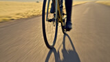 Close-up shot of a person riding a bicycle on a road, emphasizing the motion and speed. Focus is on the spinning wheel and the rider's shadow.
