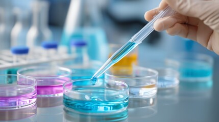 Poster - laboratory experiment with pipette transferring blue liquid into petri dish filled with colorful sol