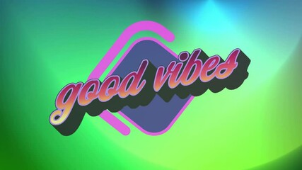 Poster - Opening neon gradient backdrop sending 3D text sliding left, spelling good vibes then fragmenting