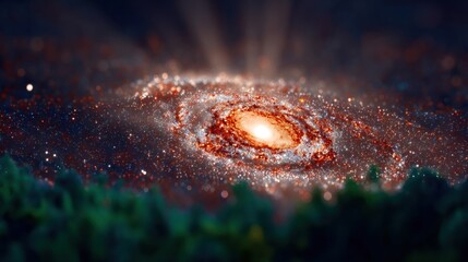 cosmic spiral galaxy over a forest