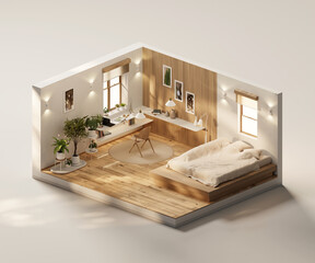 Poster - Isometric view bed room open inside interior architecture 3d rendering digital art	
