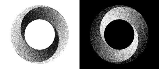 Fototapete - Abstract art background with dotted circle. Stipple effect with chaotic noise in spiral. Black shape on a white background and the same white shape on the black side.